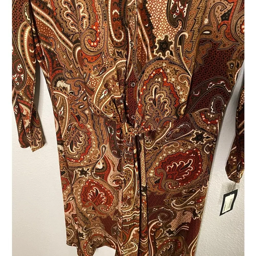Tommy Hilfiger Paisley Shirtdress Women’s 10 Brown Polyester Belted Boho NWT